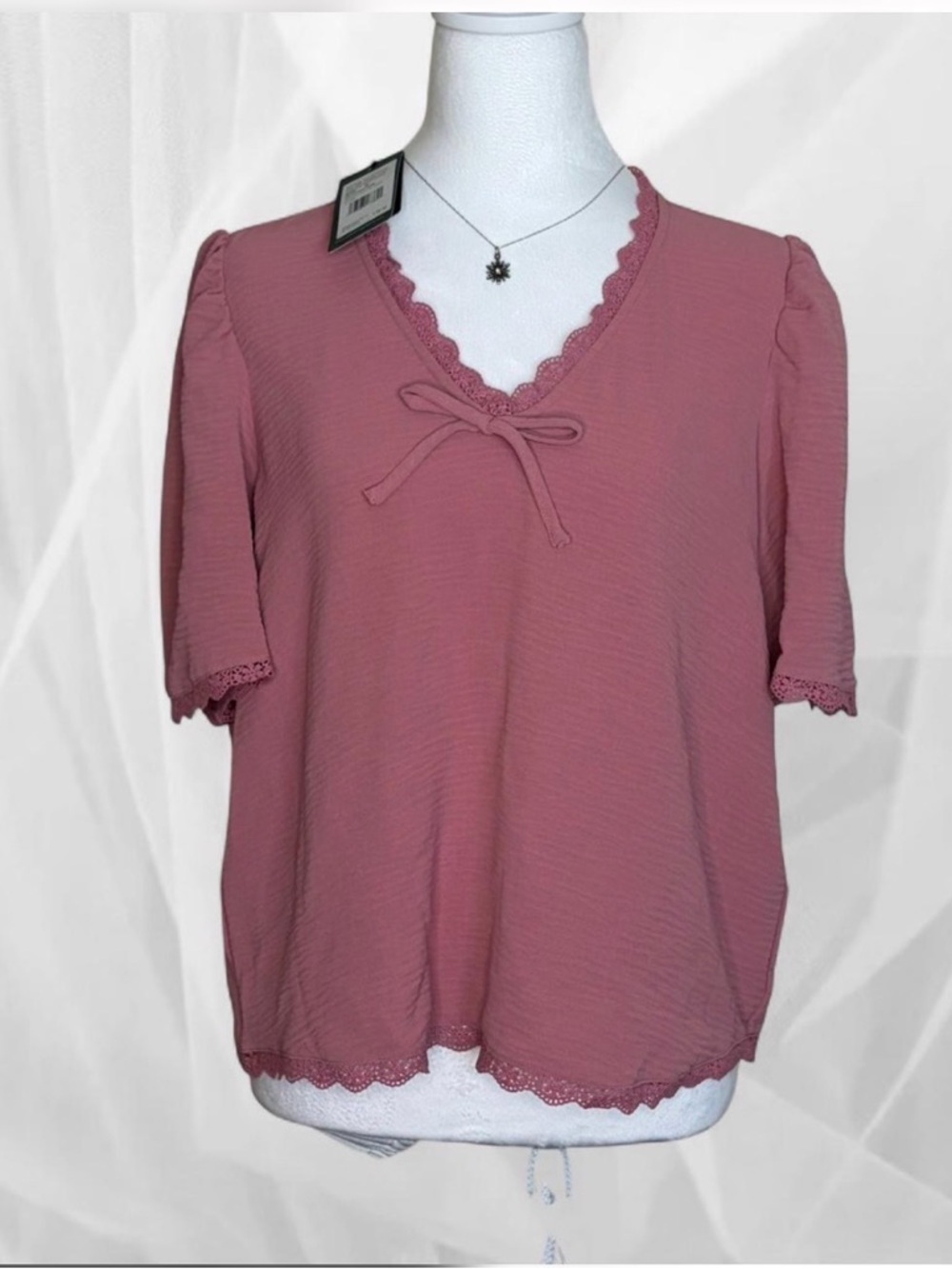 Adrianna Papell Rose V-Neck Tie Front Lace Trim Top NWT